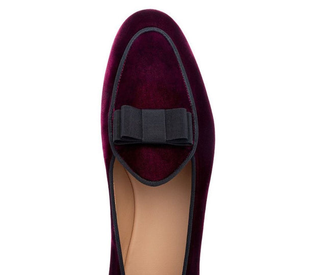 Burgundy Velvet Bowtie Loafers - Resso Roth
