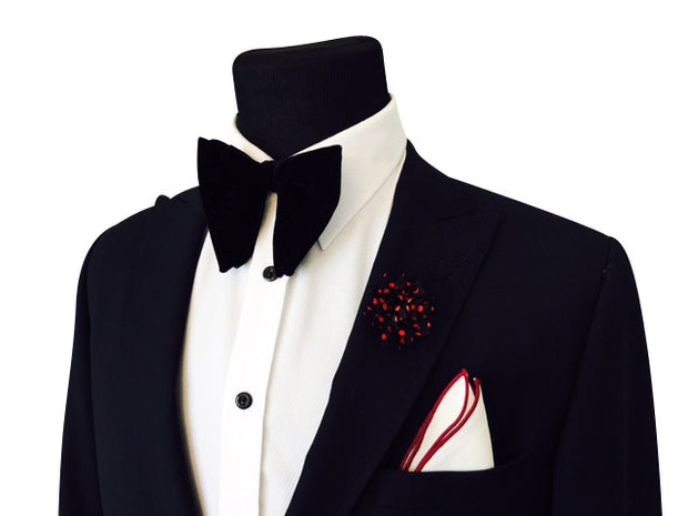 Black Velvet Bowtie + Pocket Square + Lapel Pin - VINTAGE COMBO SET - Resso Roth
