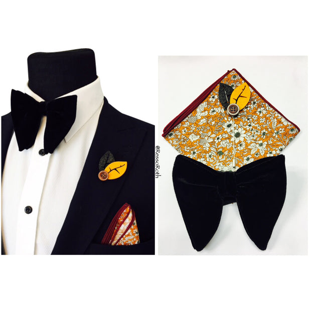 Black Velvet Bowtie + Pocket Square + Lapel Pin - VINTAGE COMBO SET - Resso Roth