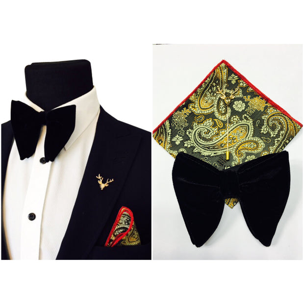 Black Velvet Bowtie + Pocket Square + Lapel Pin - VINTAGE COMBO SET - Resso Roth