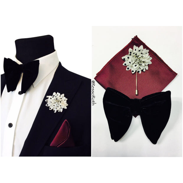 Black Velvet Bowtie + Pocket Square + Lapel Pin - VINTAGE COMBO SET - Resso Roth