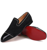 Black Velvet and Patent Leather Crystal Line Loafers