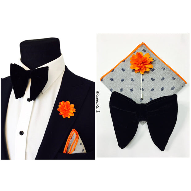 Black Velvet Bowtie + Pocket Square + Lapel Pin - VINTAGE COMBO SET - Resso Roth