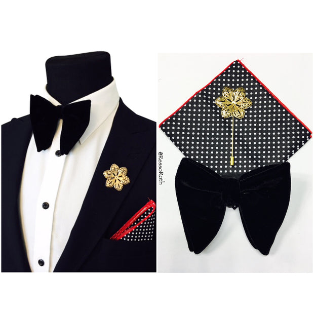 Black Velvet Bowtie + Pocket Square + Lapel Pin - VINTAGE COMBO SET - Resso Roth