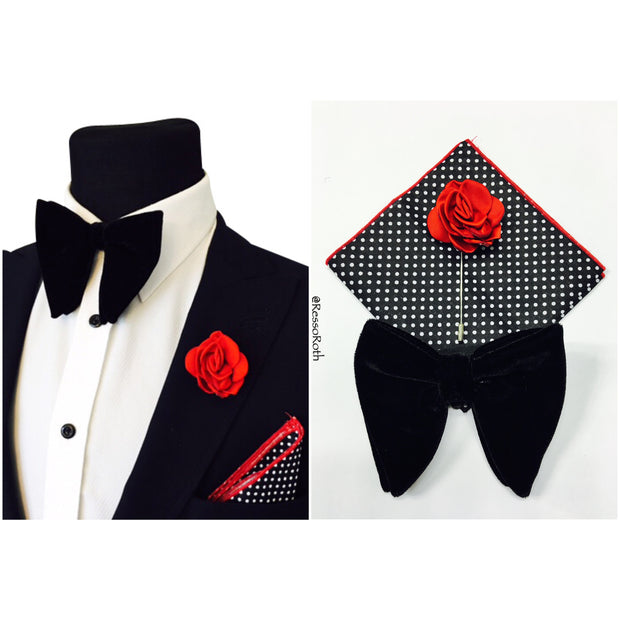 Black Velvet Bowtie + Pocket Square + Lapel Pin - VINTAGE COMBO SET - Resso Roth